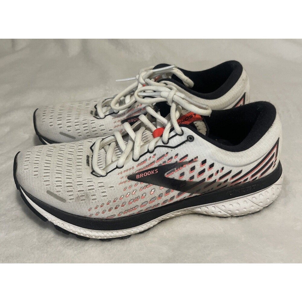 Brooks Ghost 13 Shoes Womens Size 7 White Black Red Running Athletic Sneakers